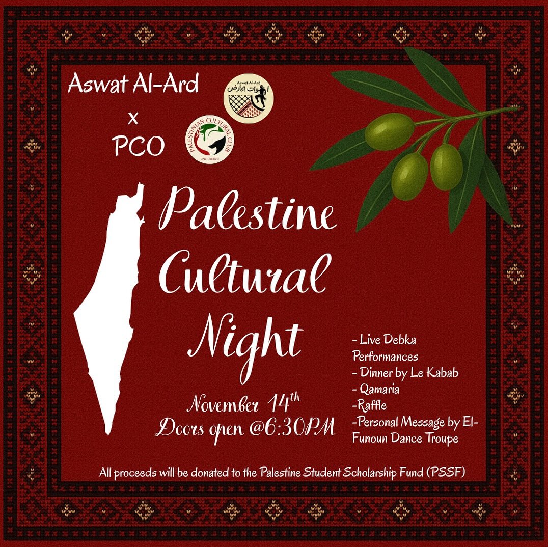 Palestine Cultural Night flyer — Aswat Al-Ard × PCO, live debka performances, November 14