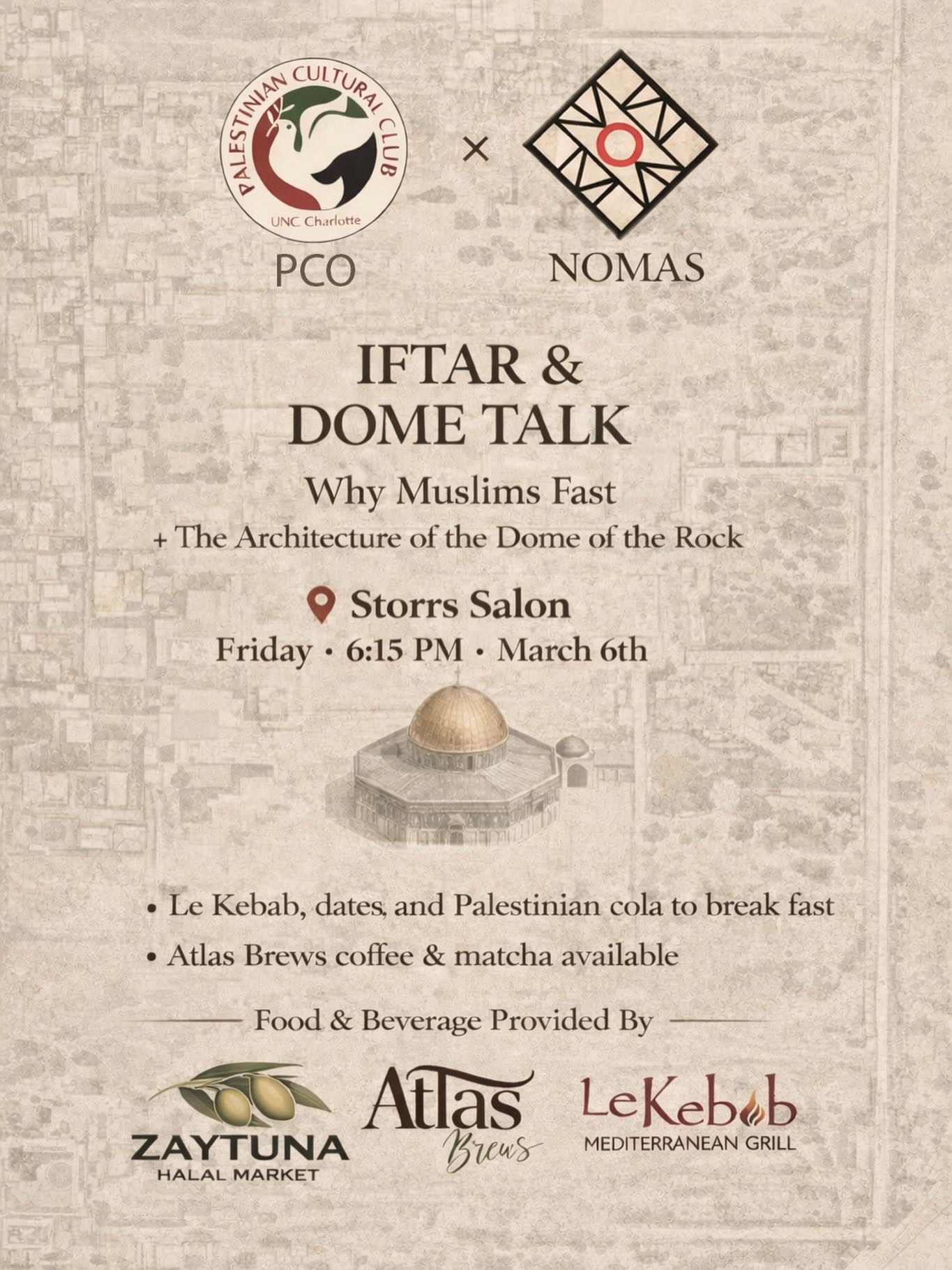 Iftar & Dome Talk flyer — why Muslims fast and the architecture of the Dome of the Rock, Storrs Salon