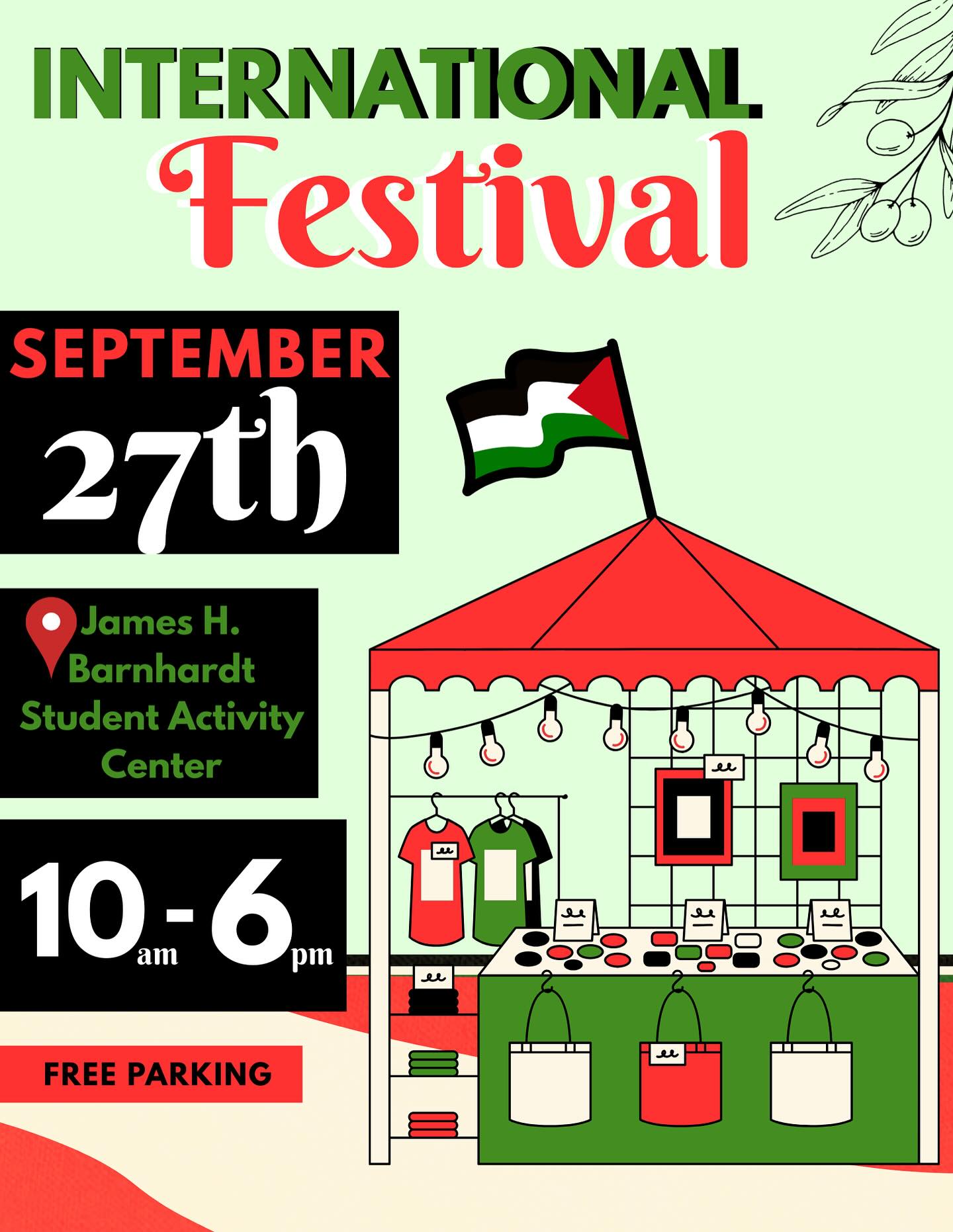 International Festival flyer — September 27th, 10 AM–6 PM, James H. Barnhardt Student Activity Center, free parking