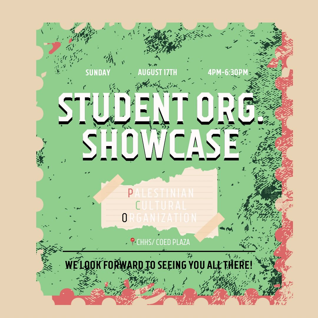 Student Org Showcase flyer — Sunday August 17th, 4:00–6:30 PM at CHHS/Coed Plaza